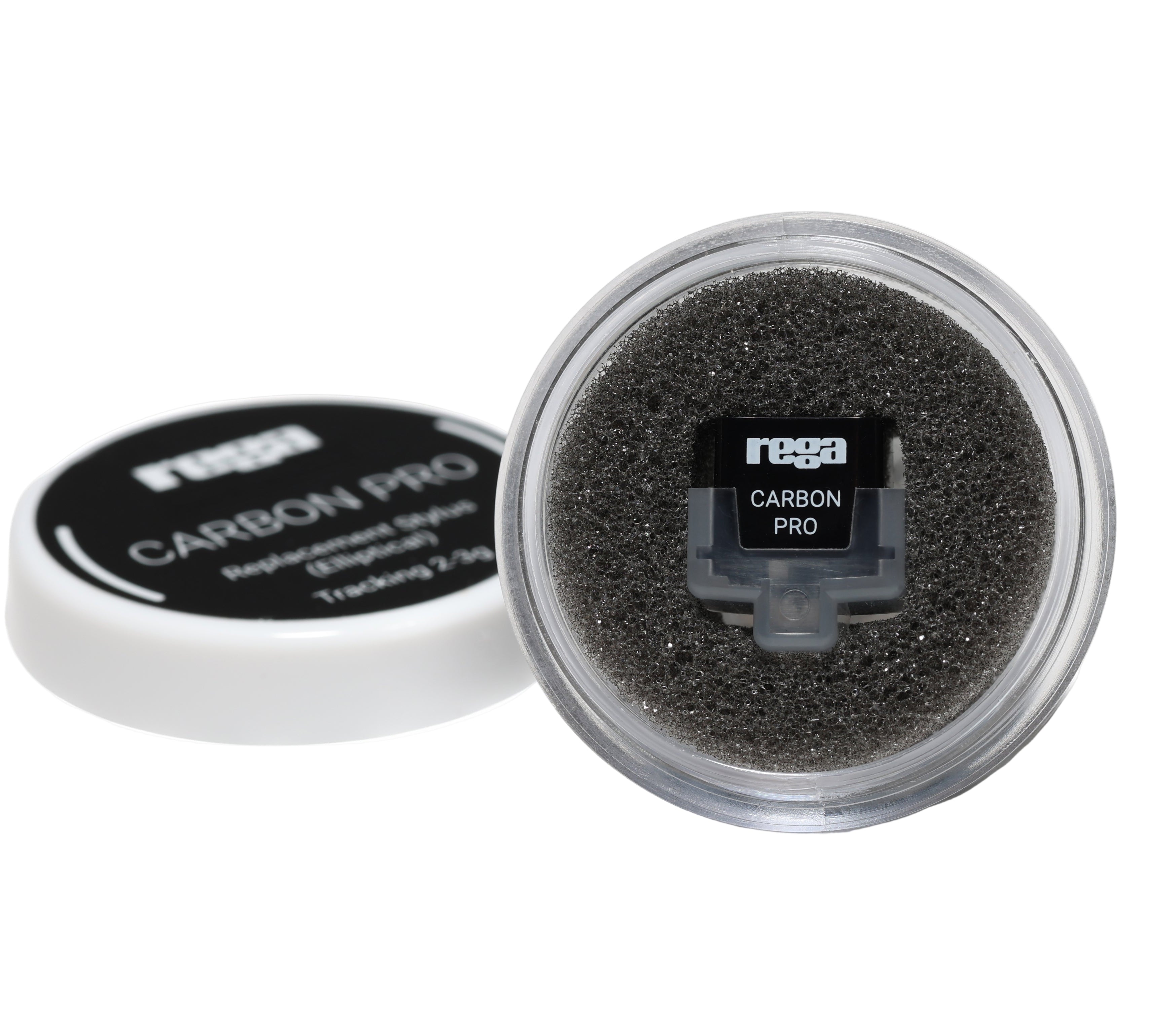 Rega Carbon Pro stylus for turntables, shown in packaging with focus on the stylus tip and branding.