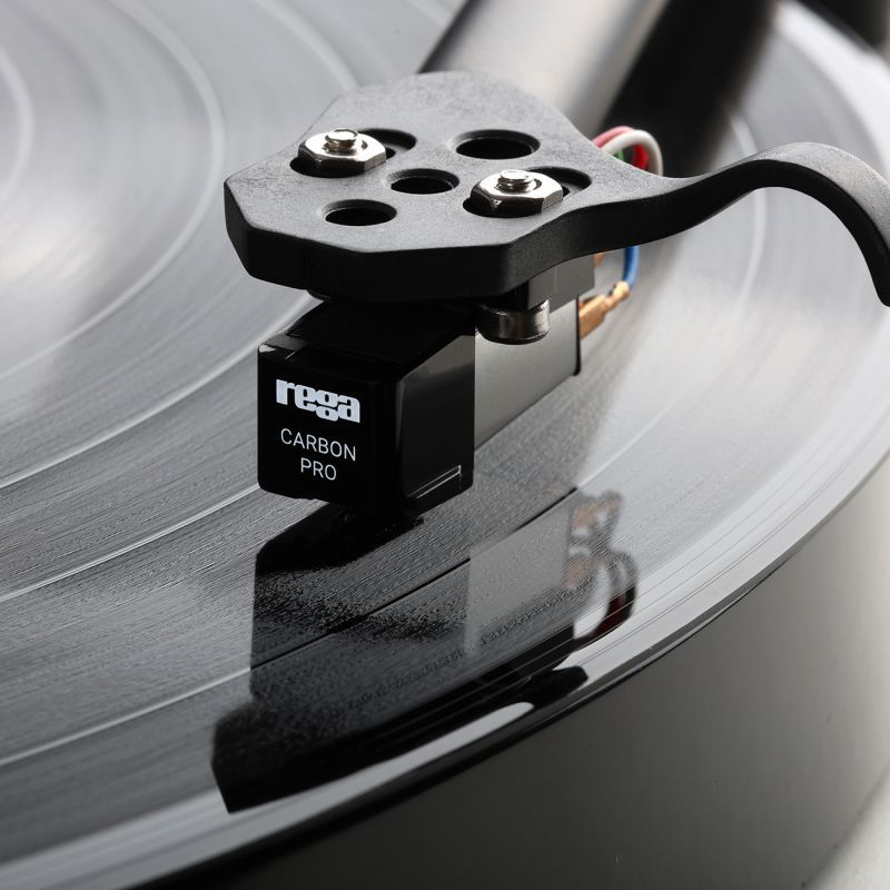 Rega Carbon Pro turntable stylus with black body and fine needle, designed for high-quality vinyl record playback.