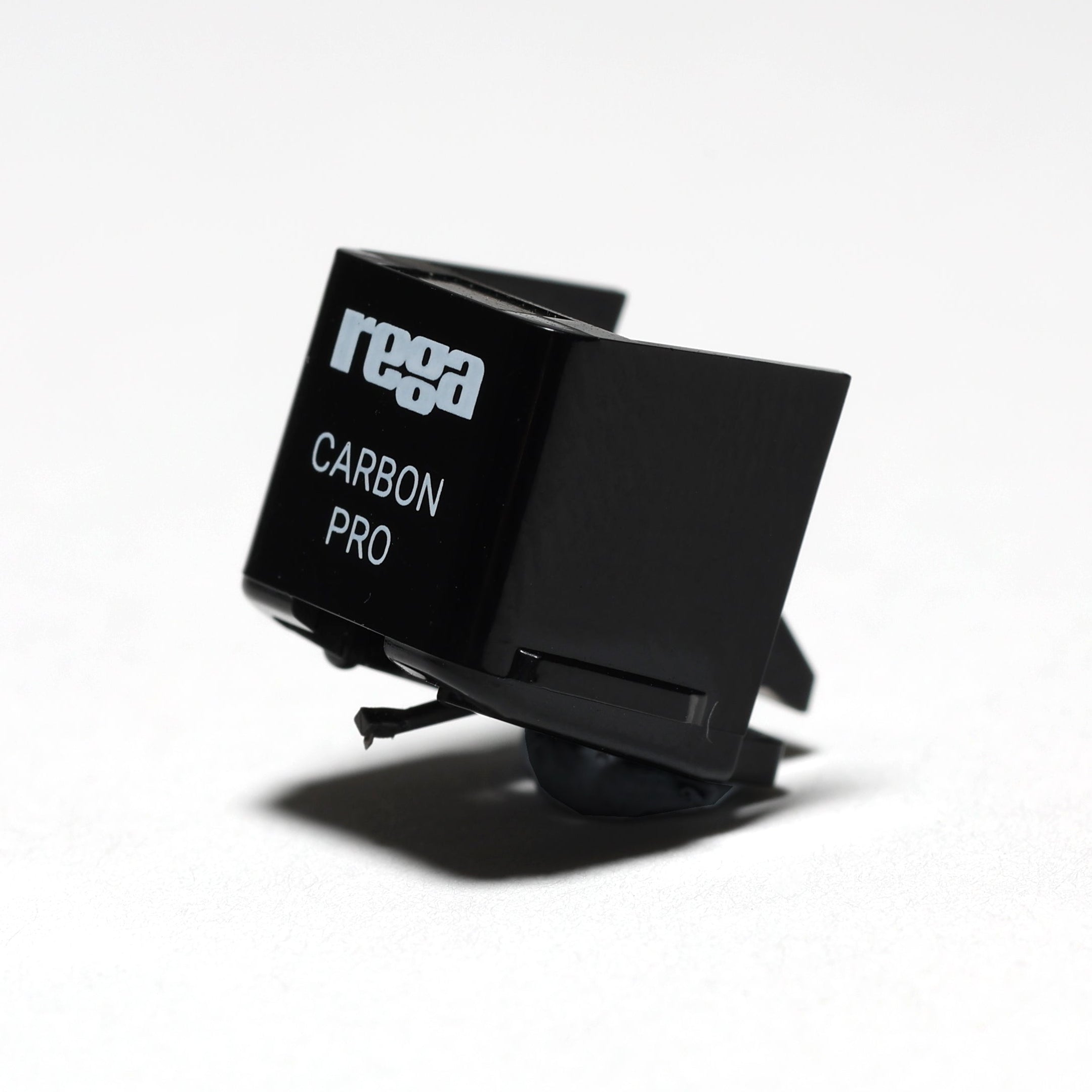 Rega Carbon Pro turntable stylus with black cartridge and stylus tip, designed for high-quality vinyl playback.