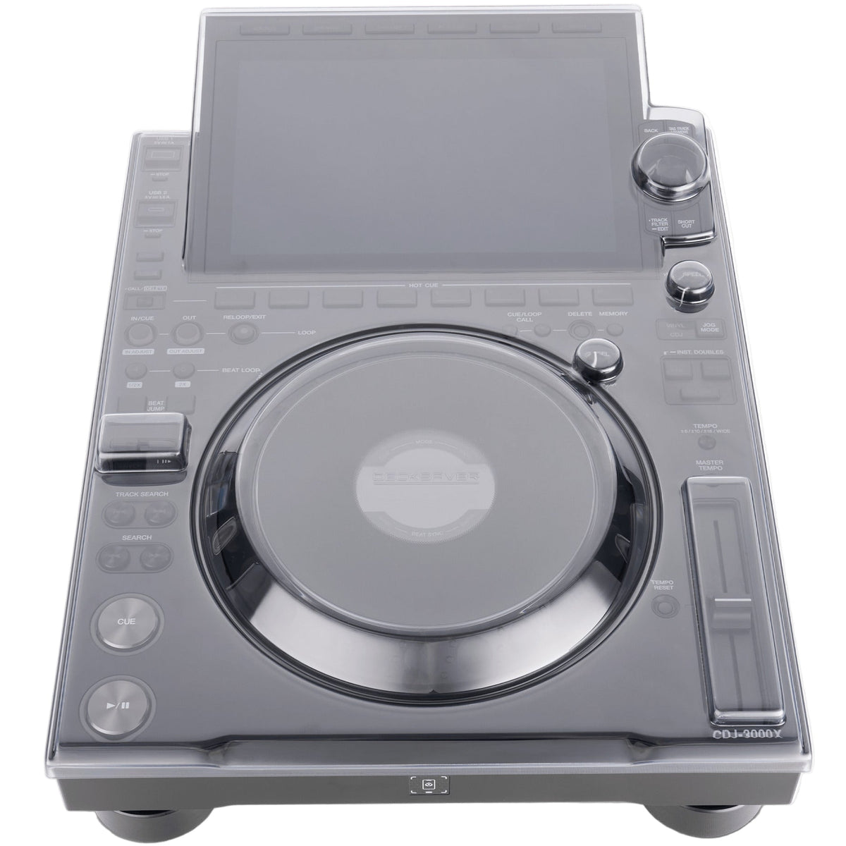 Decksaver AlphaTheta CDJ-3000X DJ cover showing a black protective cover over the Pioneer CDJ-3000X media player.