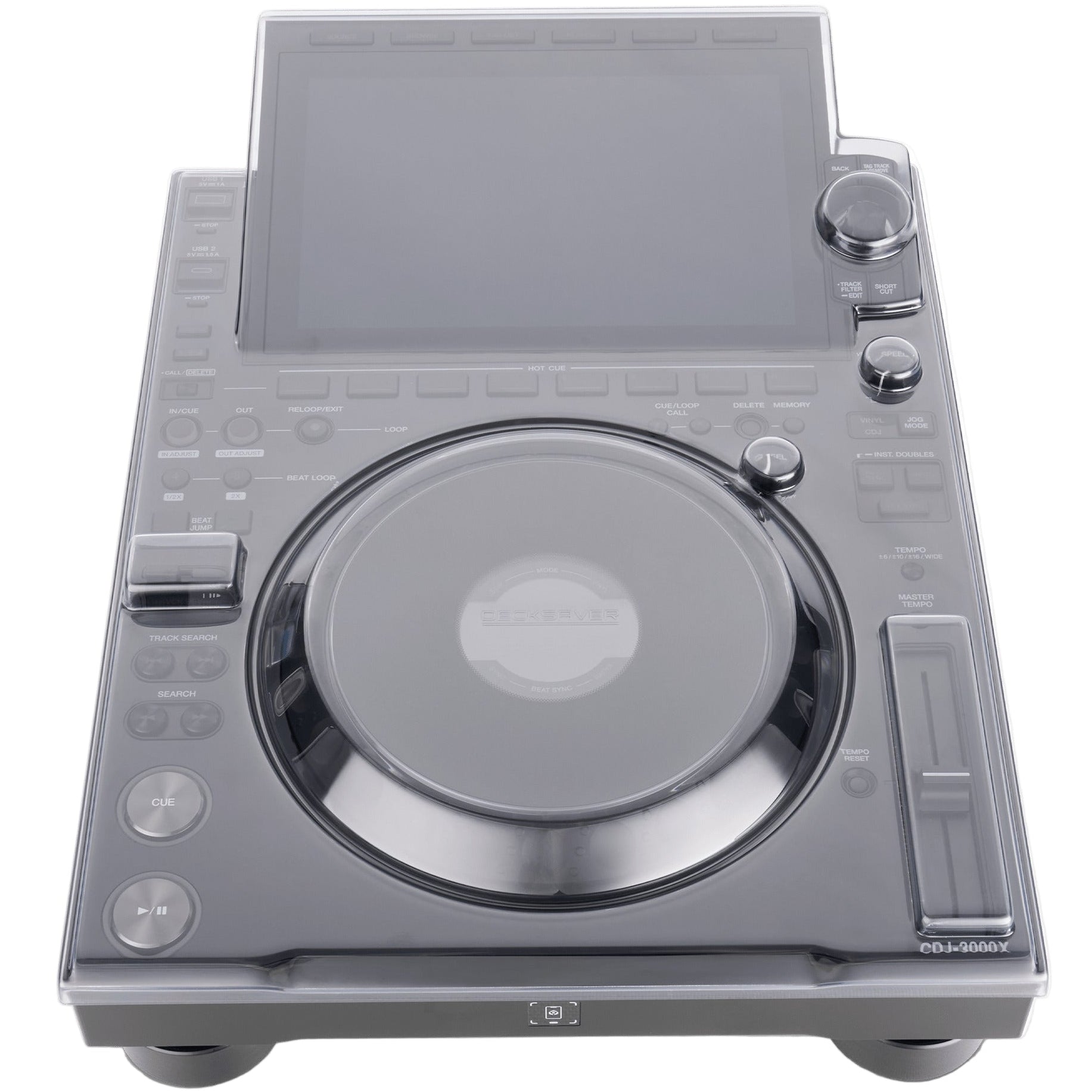 Decksaver AlphaTheta CDJ-3000X DJ cover showing a black protective cover over the Pioneer CDJ-3000X media player.