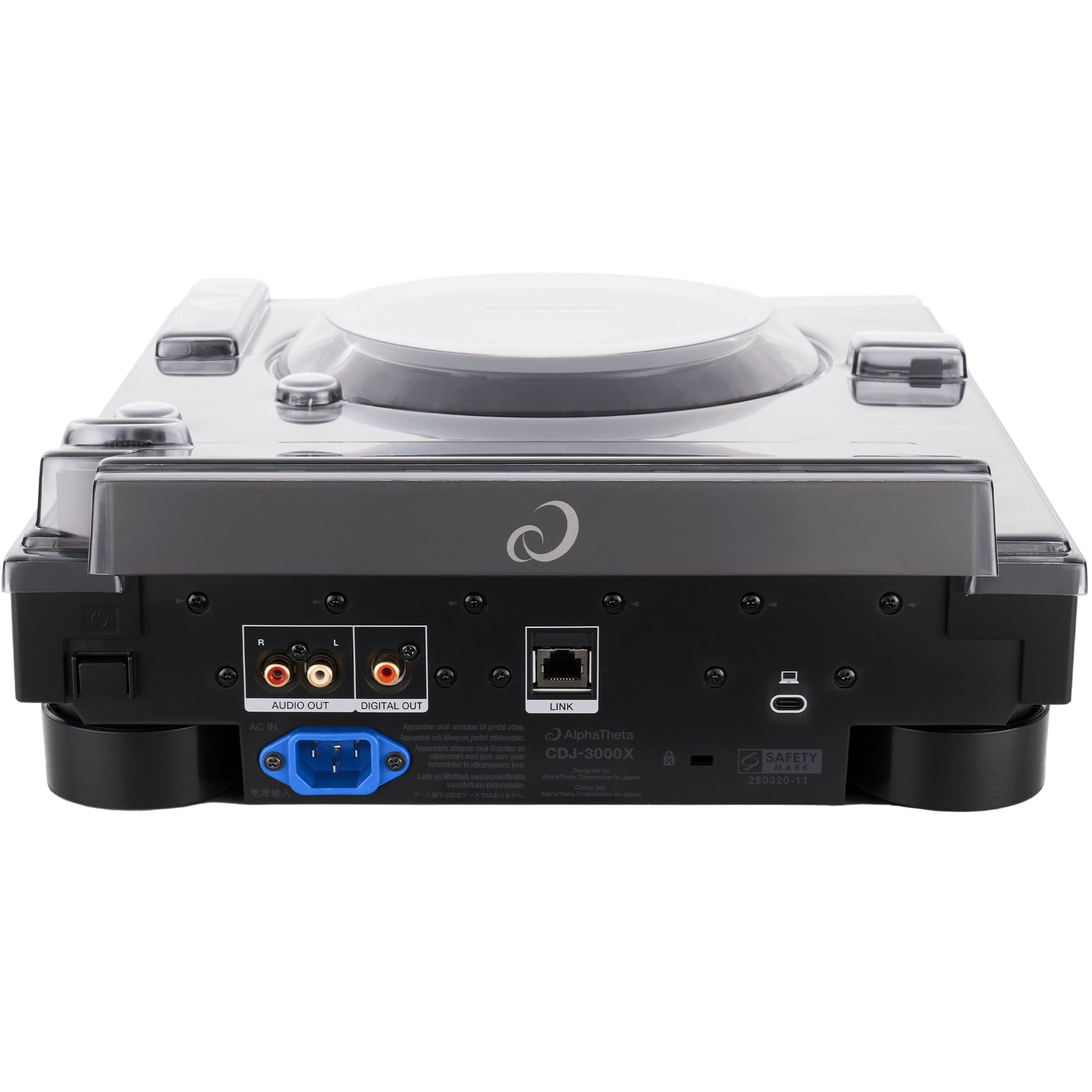Decksaver AlphaTheta CDJ-3000X DJ cover showing the protective black plastic exterior and back panel for the CDJ-3000X.