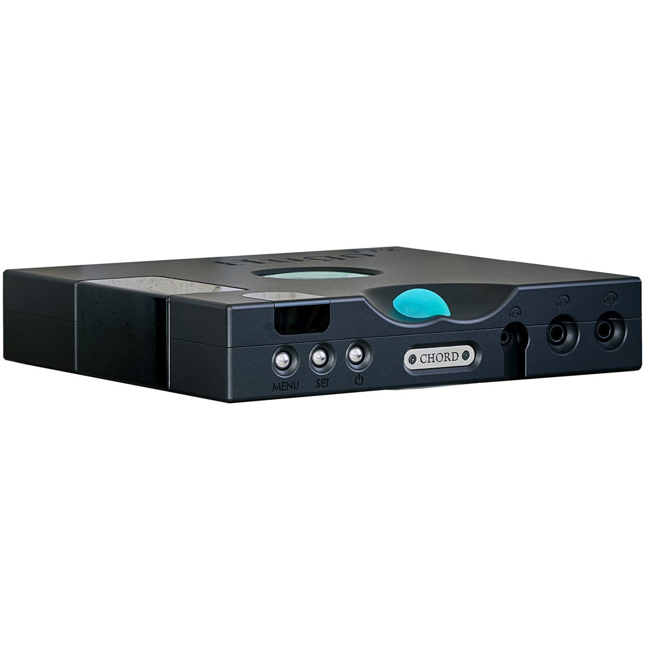 Black Chord Electronics Hugo TT2 headphone amplifier and DAC with sleek design and digital display.