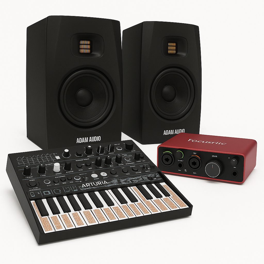 Soundium x Arturia Synth Explorer Bundle studio package with synthesizers and accessories displayed on a workspace.