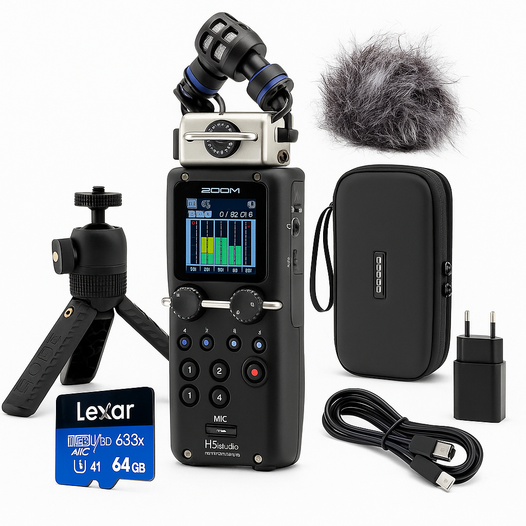 Soundium studio bundle with microphones, headphones, and accessories for field recording and audio production.