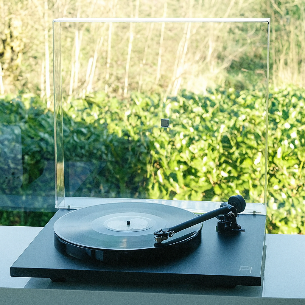 Rega Planar 1 turntable with wooden plinth, tonearm, and platter, showcasing a sleek, modern design for high-quality vinyl listening.