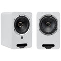 Pair of Fyne Audio Cubitt 5 active bookshelf speakers in Arctic White, showcasing sleek design and high-quality audio components.