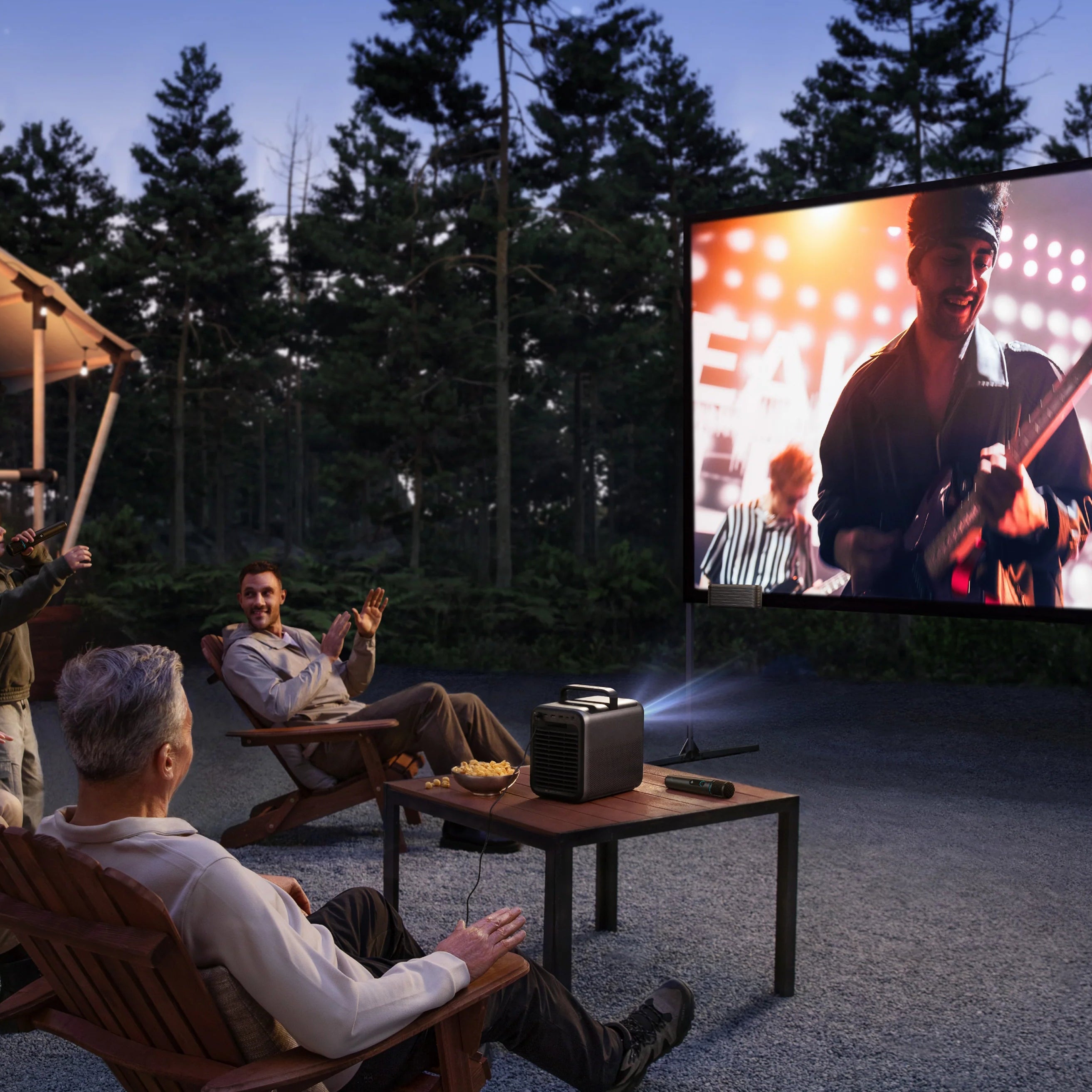 Nebula X1 projector displaying a vibrant, colorful scene on a wall in a modern living room setting.