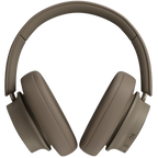 DALI iO-12 wireless headphones in mocha grey with over-ear design and plush ear cushions, showcasing their stylish and comfortable fit.