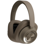 DALI iO-12 wireless headphones in mocha grey with cushioned ear cups and headband, showcasing a sleek, modern design.