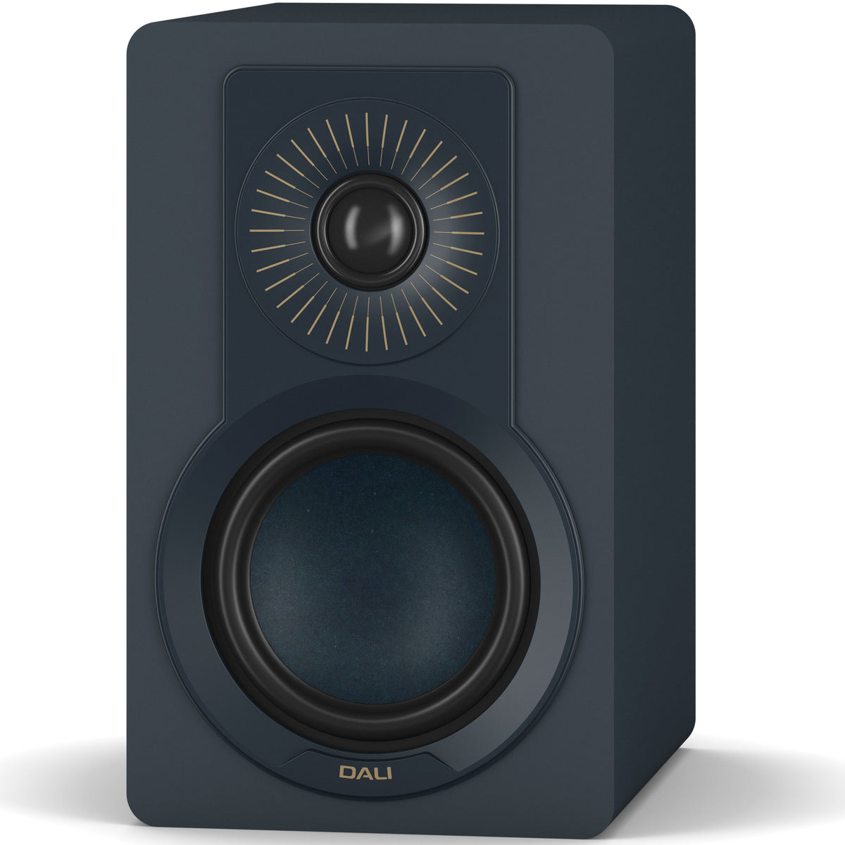 DALI Kupid passive bookshelf speaker with blue grill and wooden finish, showcasing modern design and high-quality audio components.