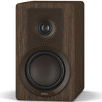 DALI Kupid passive bookshelf speakers with dark walnut finish and grill cover, showcasing sleek wood grain design.