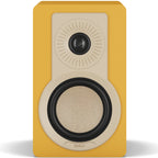 DALI Kupid passive bookshelf speaker with a golden yellow grille and sleek design, showcasing modern audio equipment.
