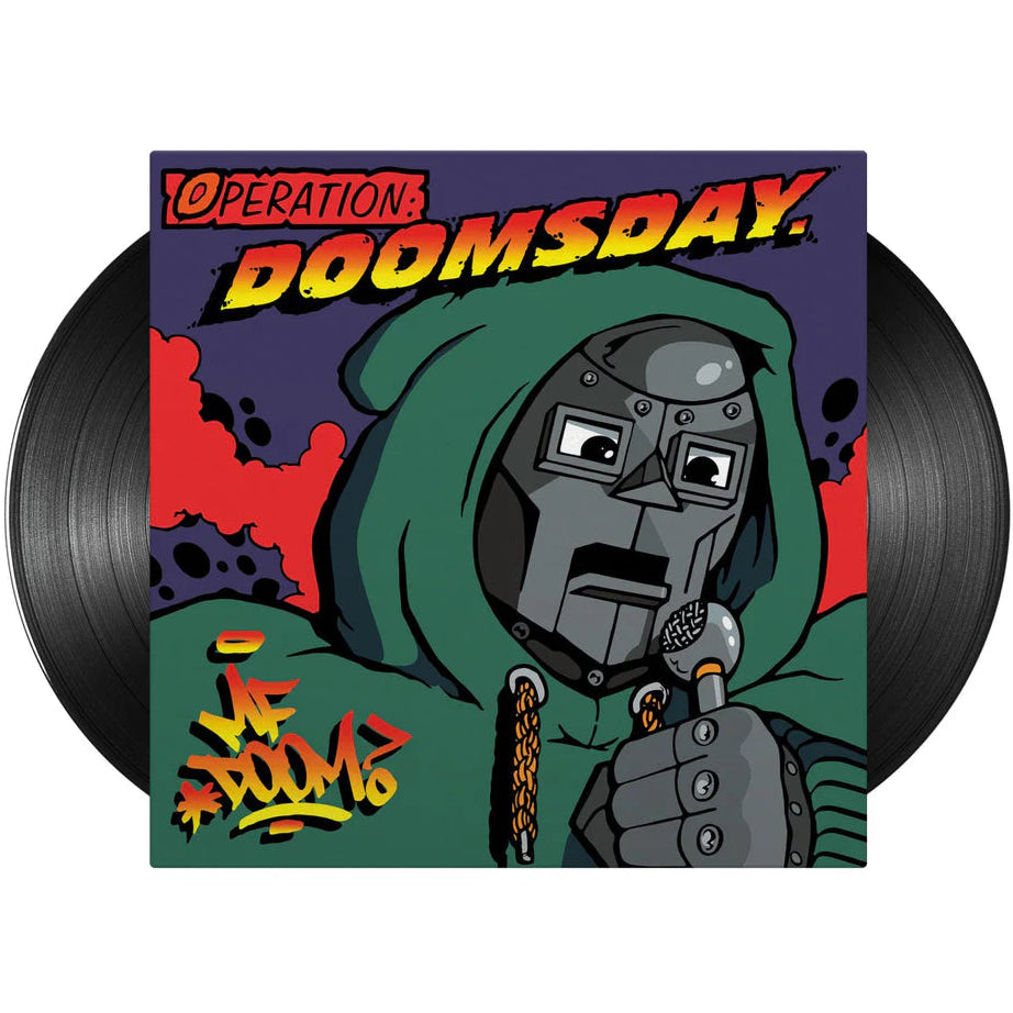 Black vinyl double LP of MF Doom's Operation: Doomsday album, featuring hip-hop and rap music from Rhymesayers Entertainment.