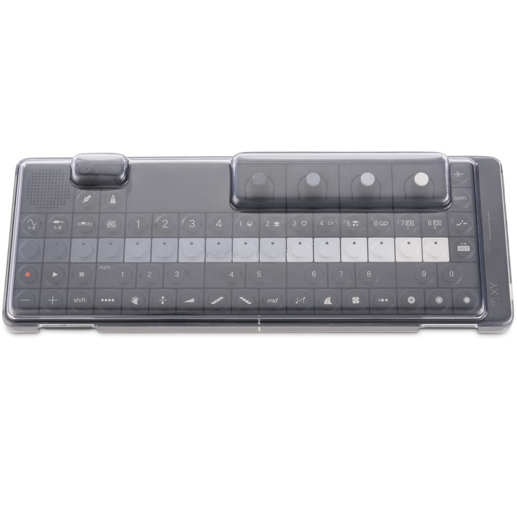 Decksaver OP-1, OP-1 Field, and OP-XY cover showing a clear protective plastic cover for Teenage Engineering devices.
