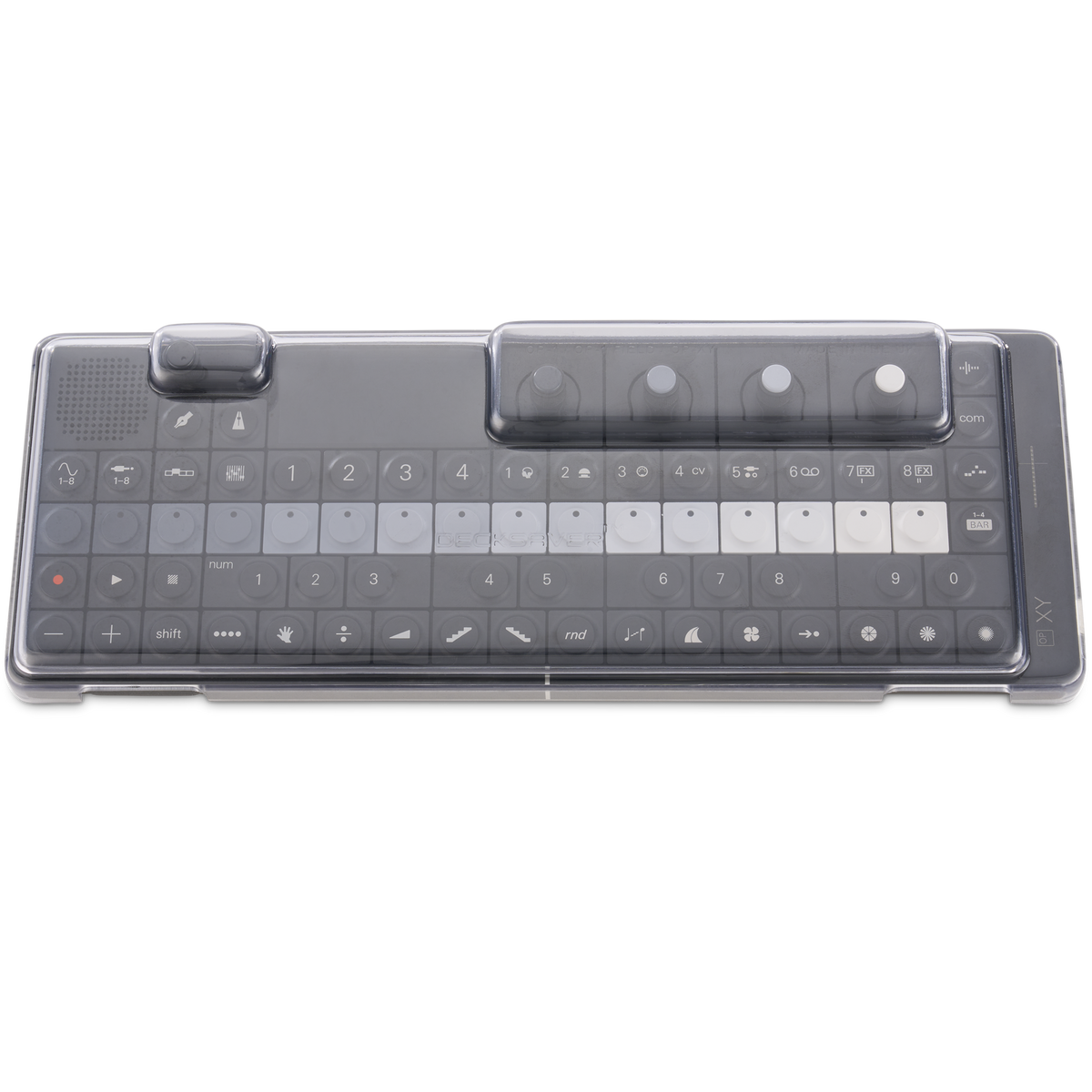 Decksaver OP-1, OP-1 Field, and OP-XY cover showing a clear protective plastic cover for Teenage Engineering devices.