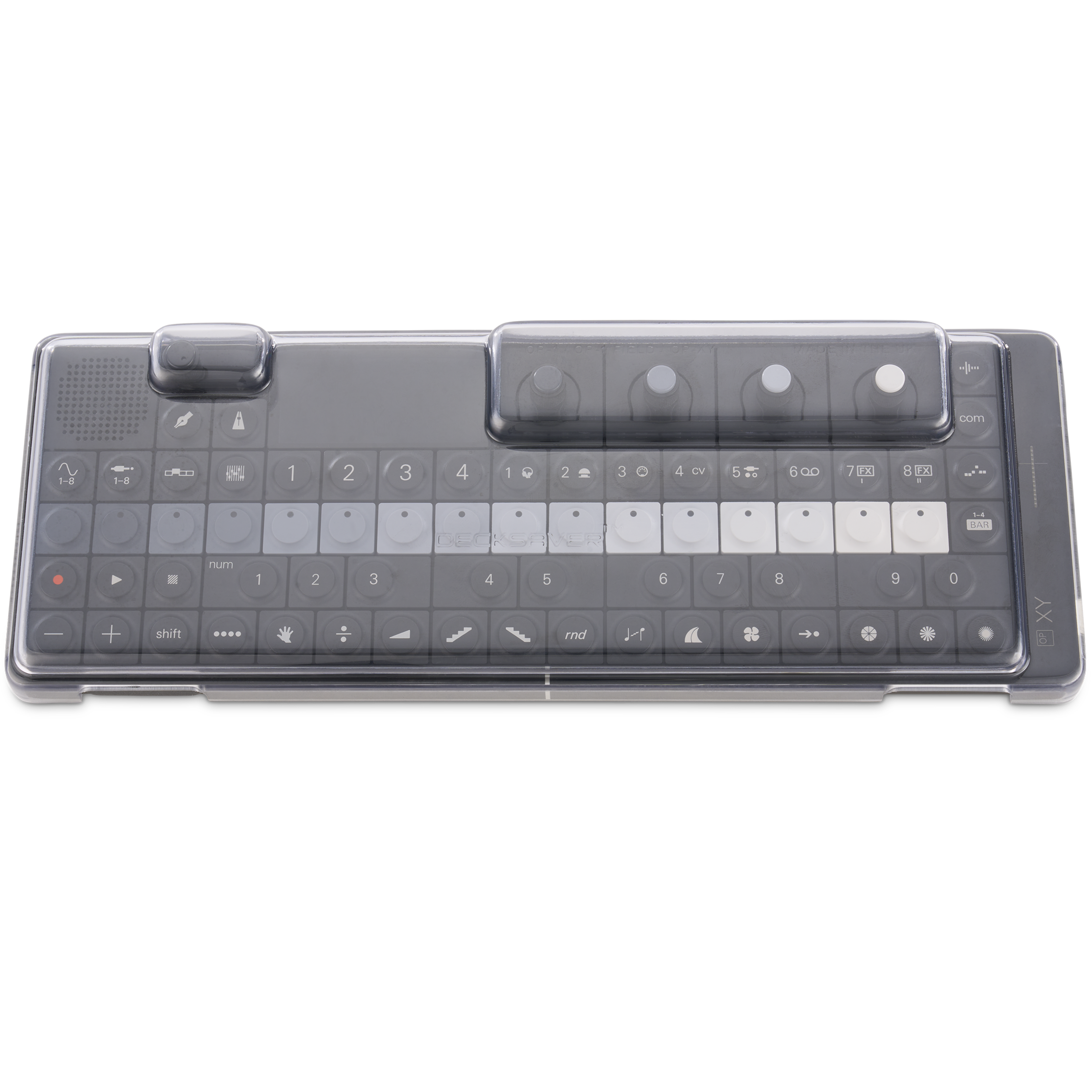 Decksaver OP-1, OP-1 Field, and OP-XY cover showing a clear protective plastic cover for Teenage Engineering devices.
