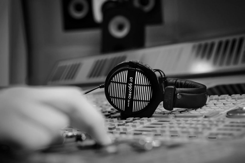 Beyerdynamic DT 990 Pro studio headphones with open-back design and 250-ohm impedance, made in Germany, shown in image.