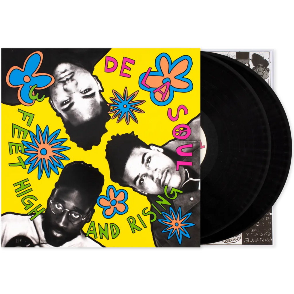 De La Soul 3 Feet High and Rising vinyl double LP in black, hip-hop album by Chrysalis Records, featuring colorful cover art.