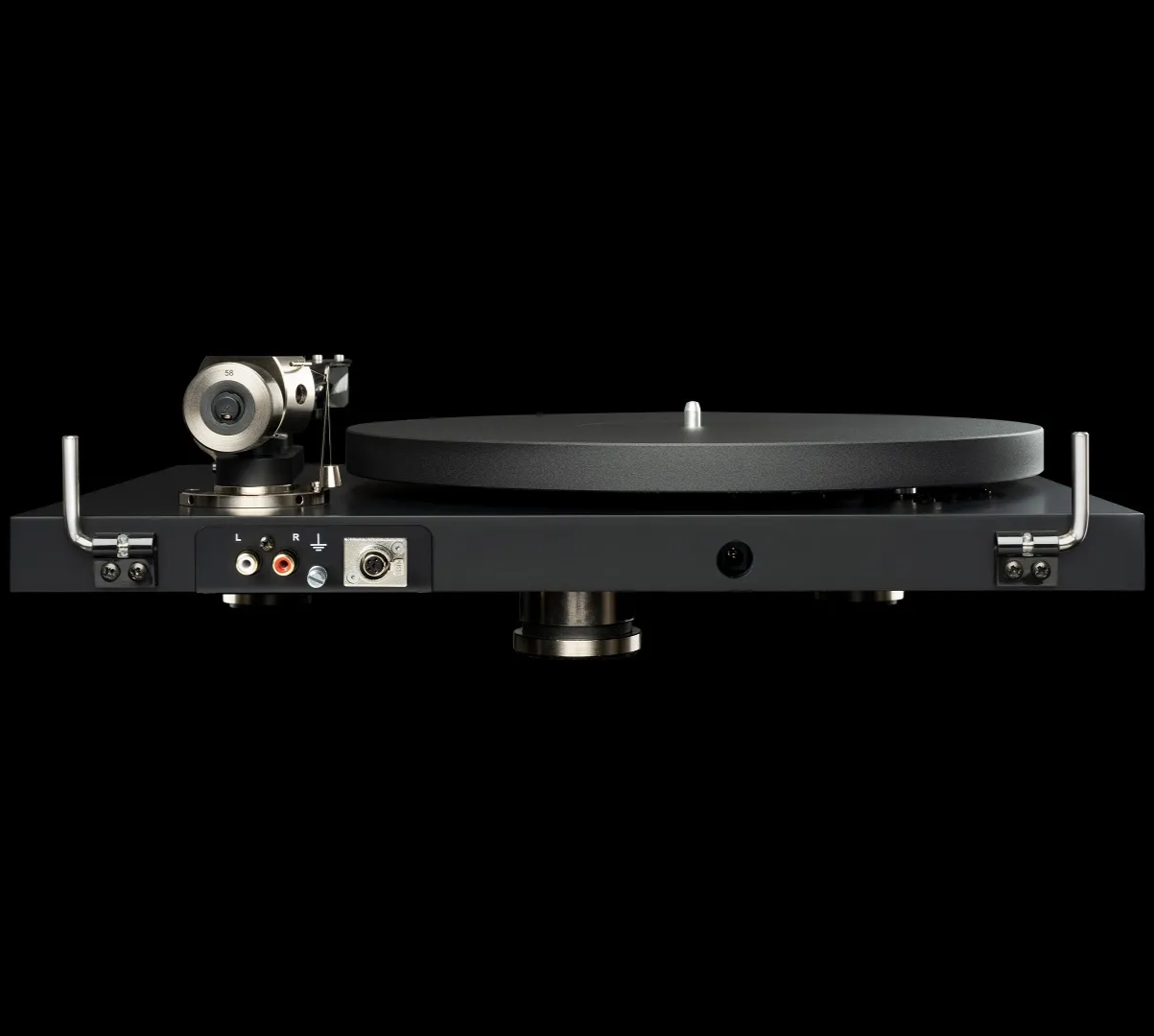 Rear view of Pro-Ject Debut Pro turntable showing tonearm and connection ports, highlighting the high-quality audiophile design.