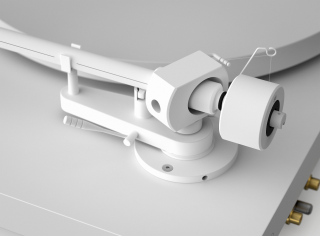 Pro-Ject Debut Pro white edition turntable with sleek design and tonearm, showcasing its high-quality audio equipment.