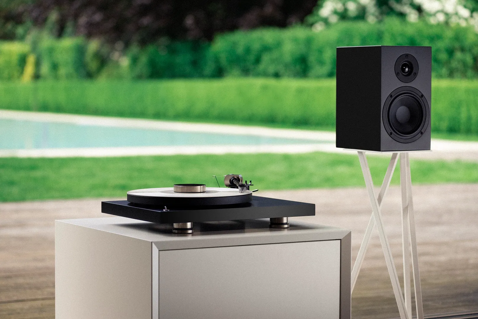 Pro-Ject Debut Pro turntable in a stylish living room setting, showcasing its sleek design and premium build quality.