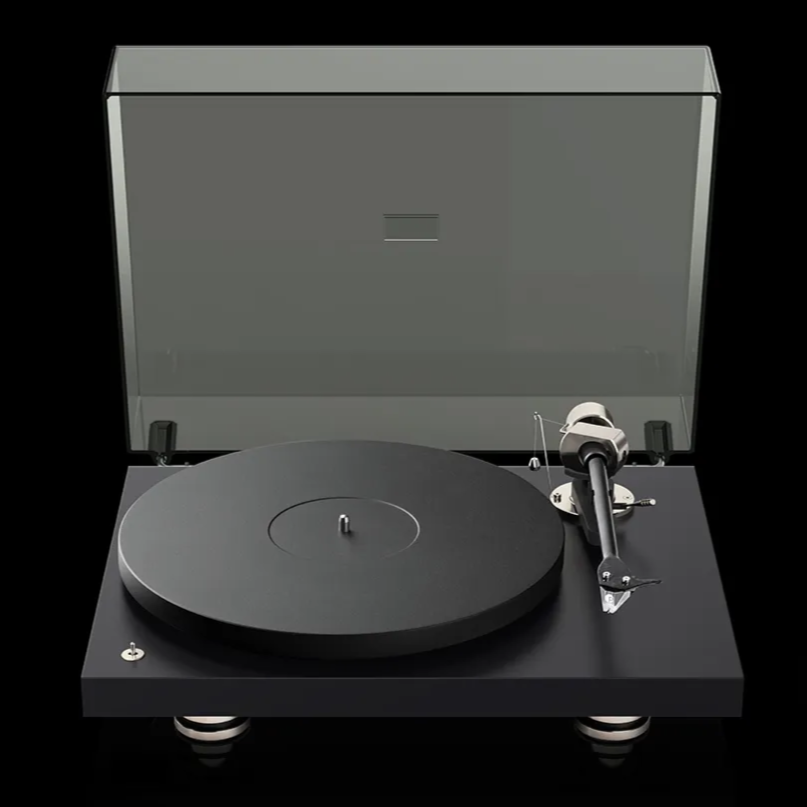 Pro-Ject Debut Pro turntable with sleek design and tonearm, set on a modern audio setup for high-quality vinyl listening.