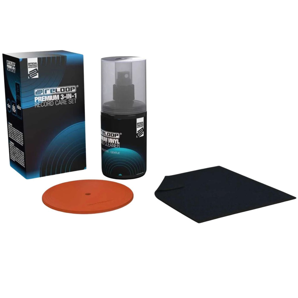 Reloop Premium 3-in-1 record care set with record brushes and cleaning tools for vinyl records.