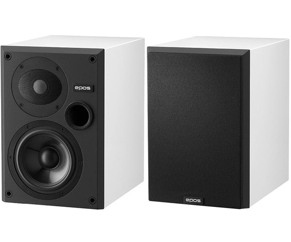Epos ES-7N passive bookshelf speakers shown in a home audio setup with black finish and compact design