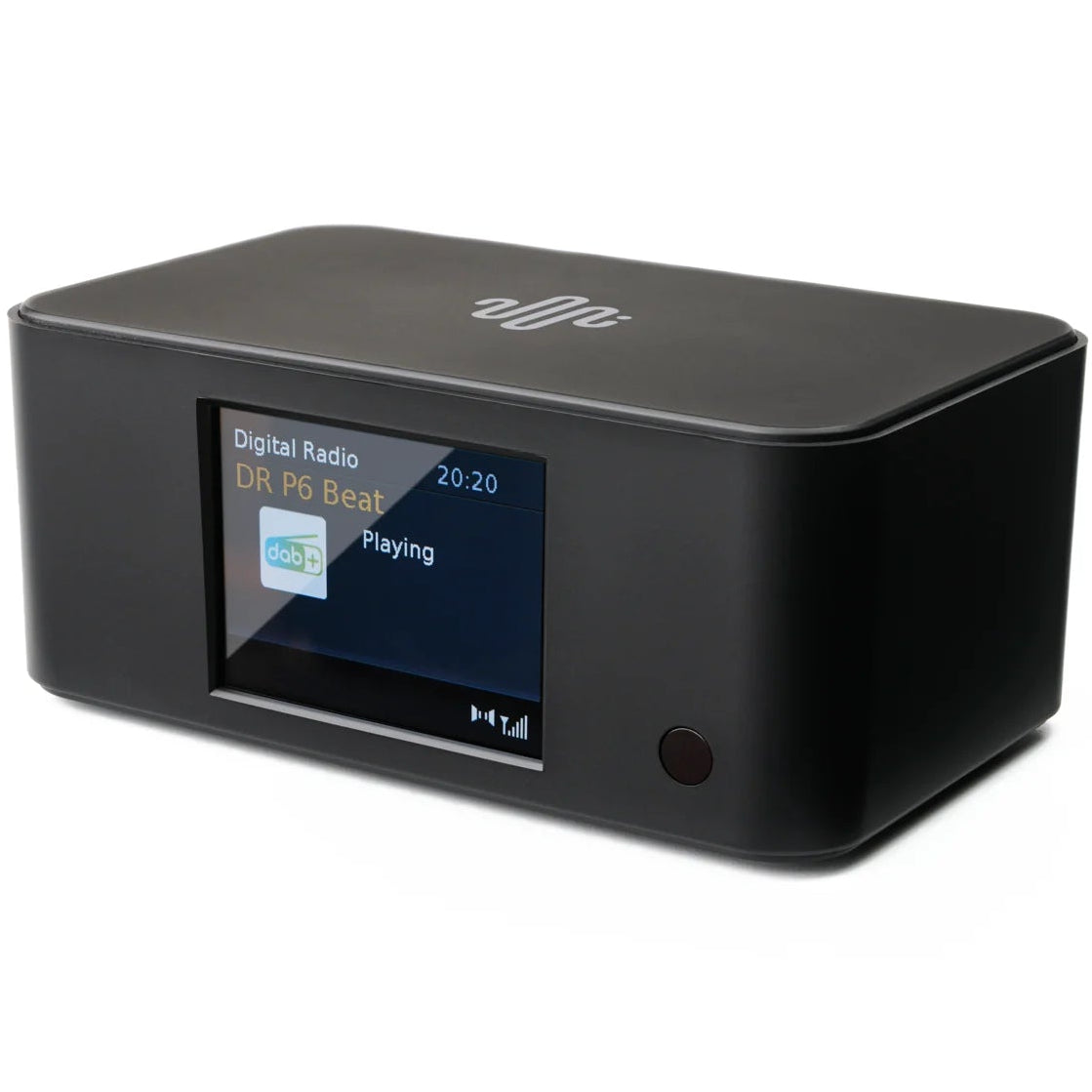 Essentials DAB Connect radio in black with digital display and control buttons, showcasing its compact design and modern features.