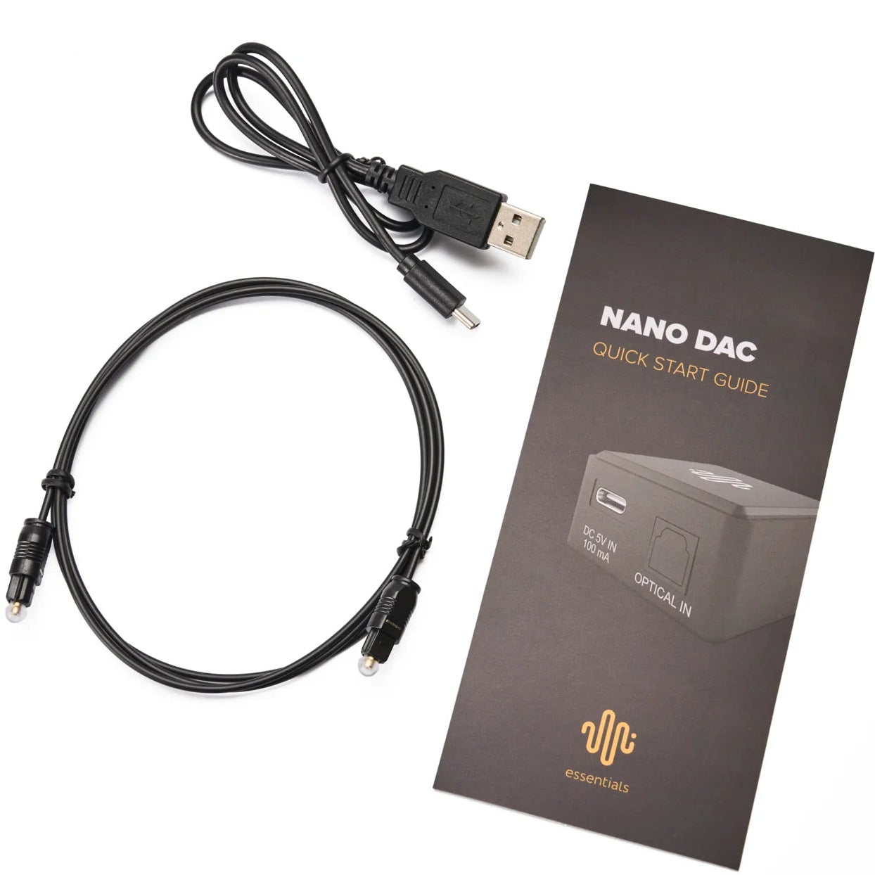 Essentials NanoDac headphone amplifier and DAC in black, compact device with input and output ports visible.