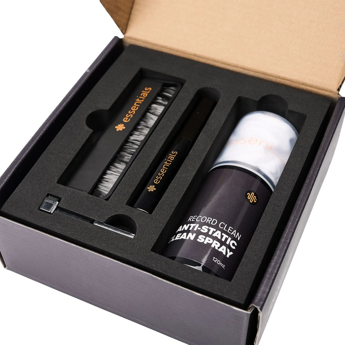 Essentials TT Vinyl Kit 10 record brushes and cleaners set with soft brushes and cleaning tools for maintaining vinyl records.