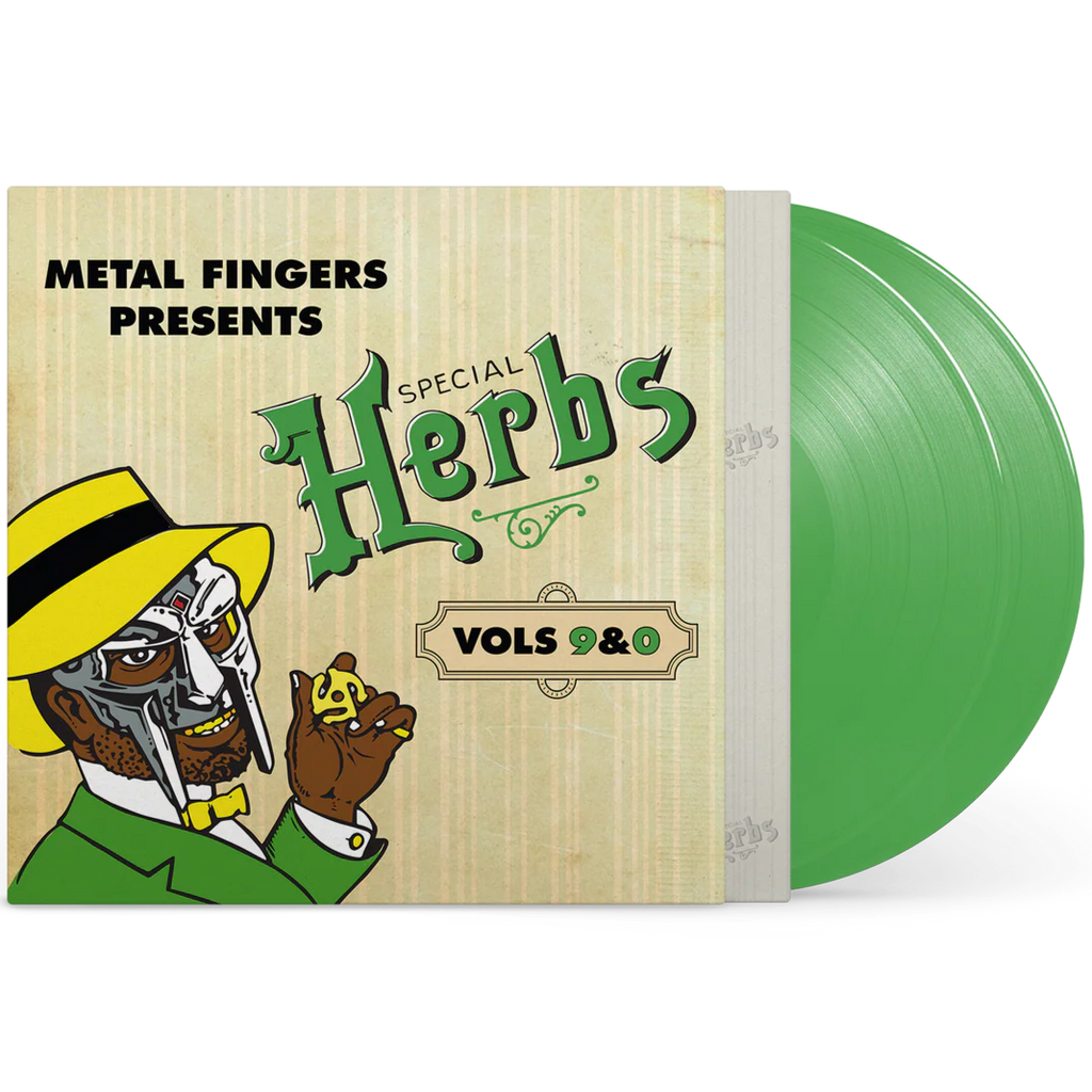 Vinyl record album cover for MF Doom's Metal Fingers Presents: Special Herbs Vol. 9 & 0 on Evergreen vinyl, hip-hop/trap music.