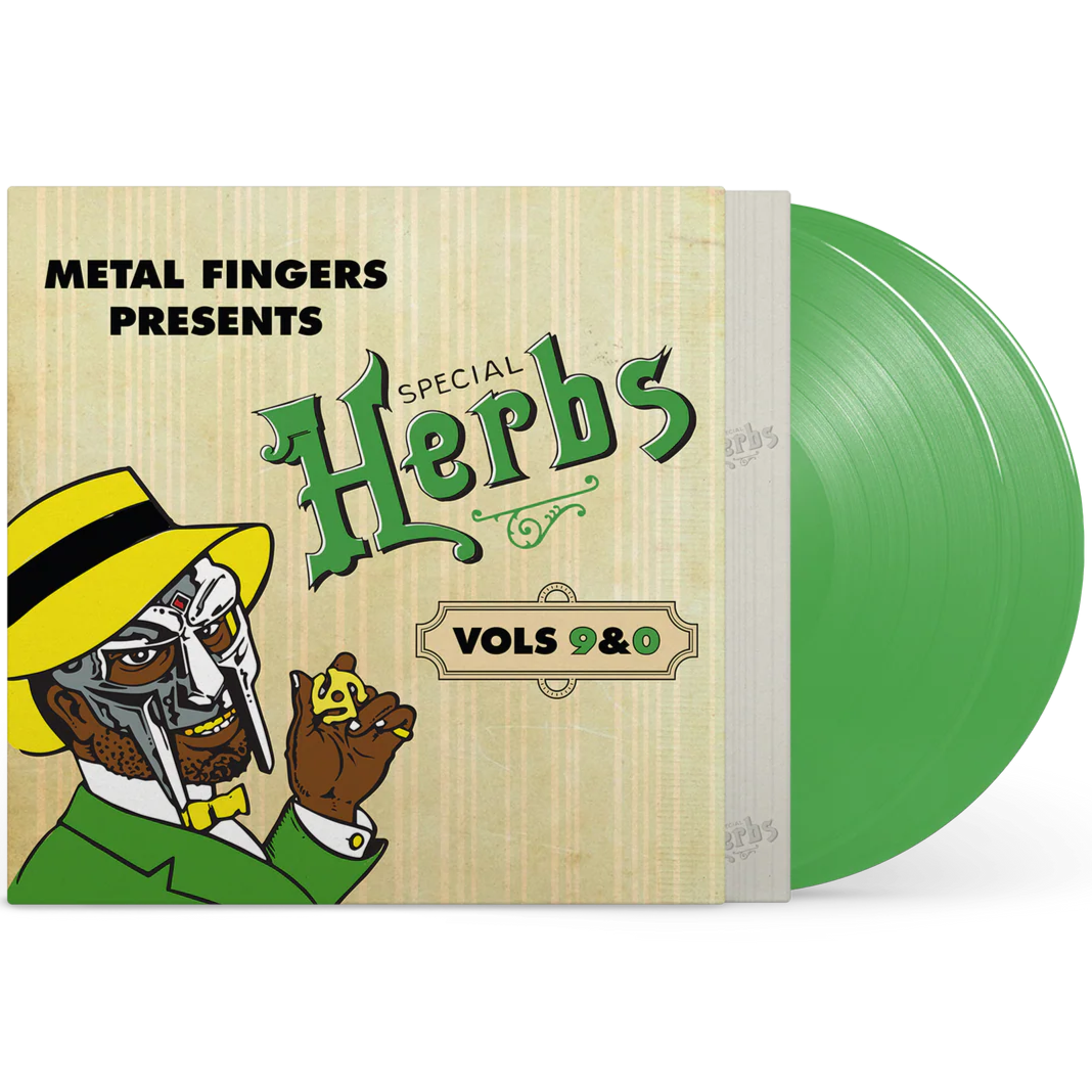 Vinyl record album cover for MF Doom's Metal Fingers Presents: Special Herbs Vol. 9 & 0 on Evergreen vinyl, hip-hop/trap music.