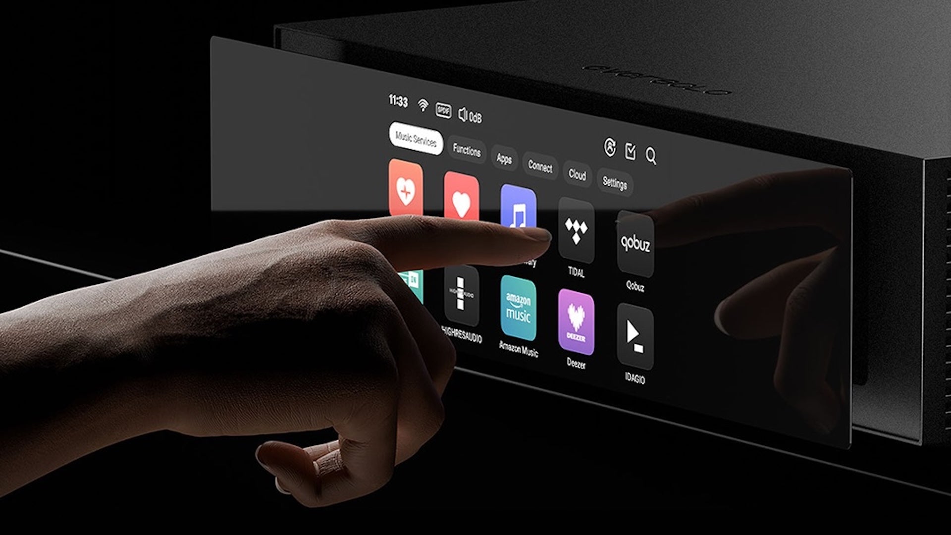 Eversolo T8 music streamer with touchscreen display, showcasing sleek design and user interface.