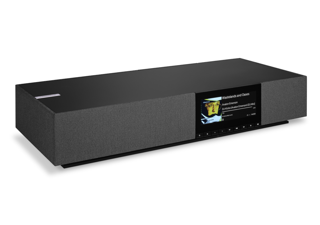 Cambridge Audio Evo One Midnight all-in-one streaming speaker in matte black finish, angled three-quarter view.