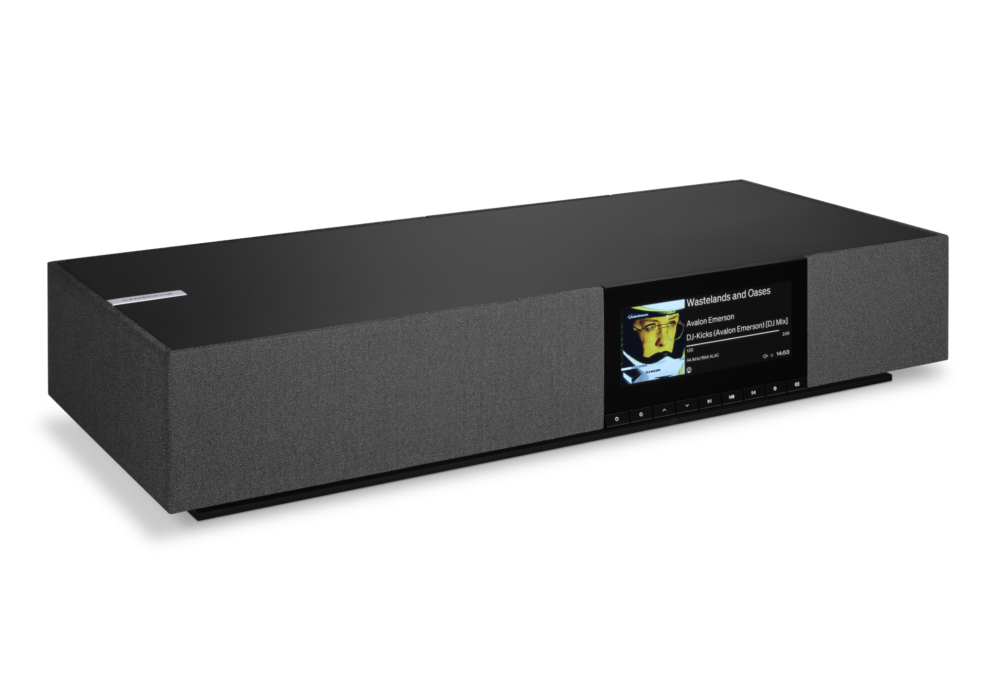 Cambridge Audio Evo One Midnight all-in-one streaming speaker in matte black finish, angled three-quarter view.