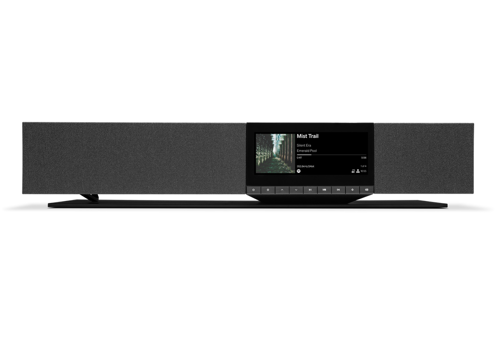 Cambridge Audio Evo One Midnight in matte black, front view with the IPS display showing album art.