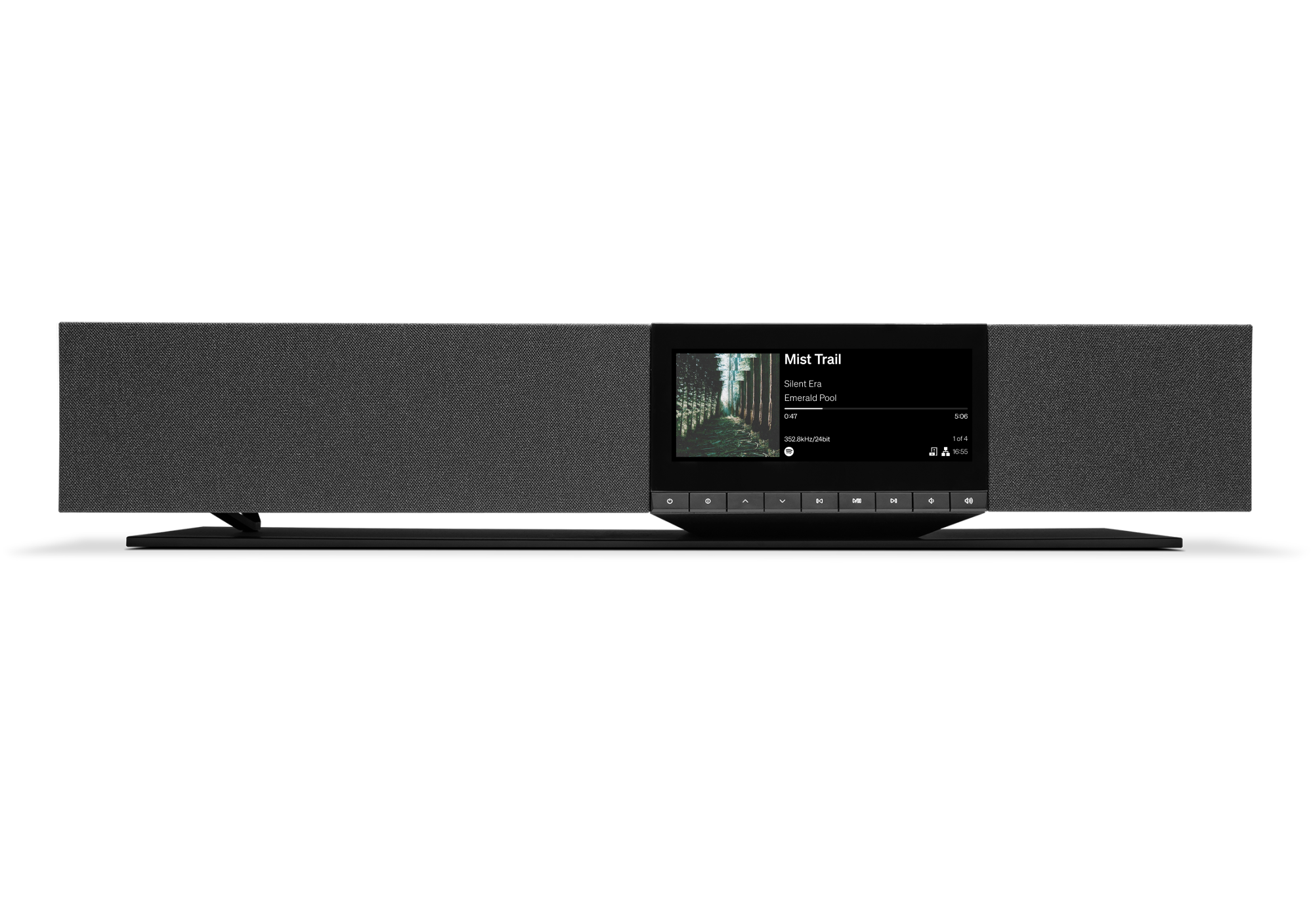 Cambridge Audio Evo One Midnight in matte black, front view with the IPS display showing album art.