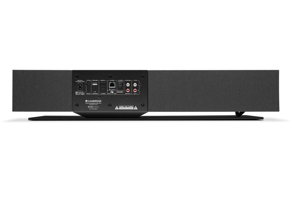 Cambridge Audio Evo One Midnight rear panel with HDMI eARC, MM phono, RCA, optical and network connections.