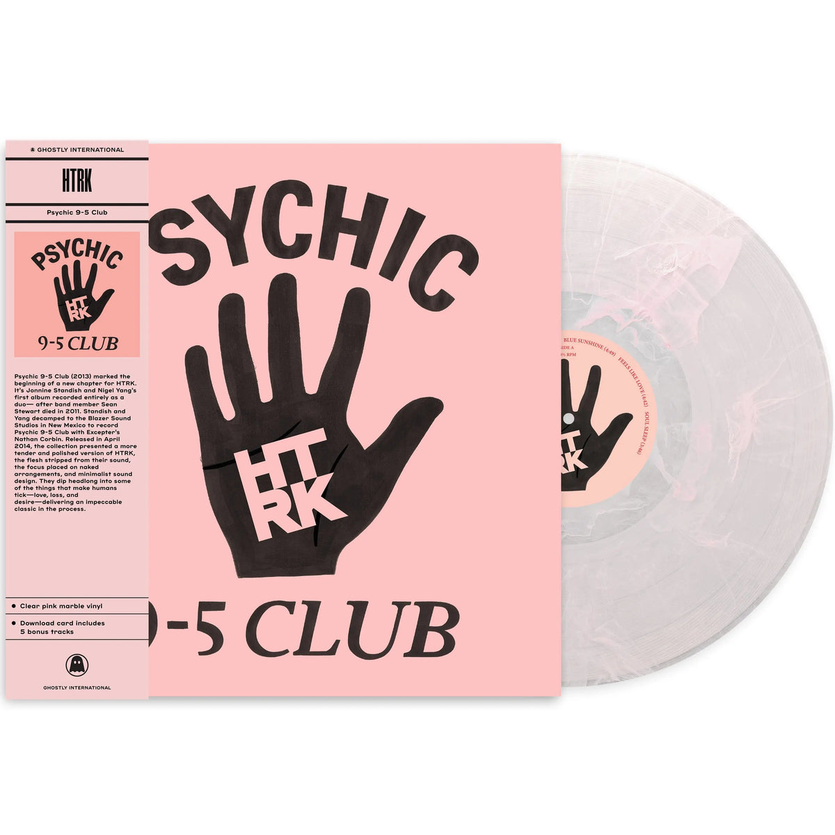 Clear vinyl LP of HTRK's Psychic 9-5 Club electronic album by Ghostly International, shown with its obi and packaging.