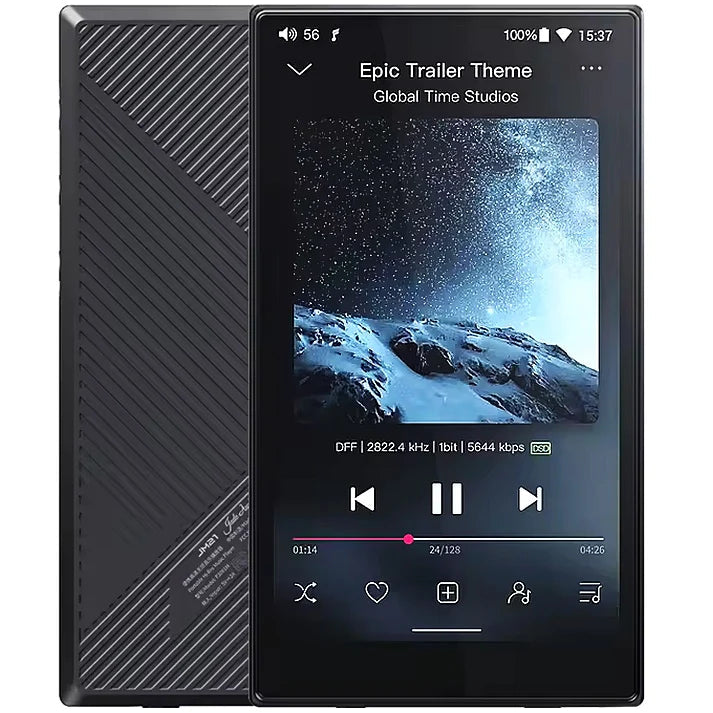 FiiO JM21 portable music player in black with a sleek design and digital screen, showcasing its compact and modern look.
