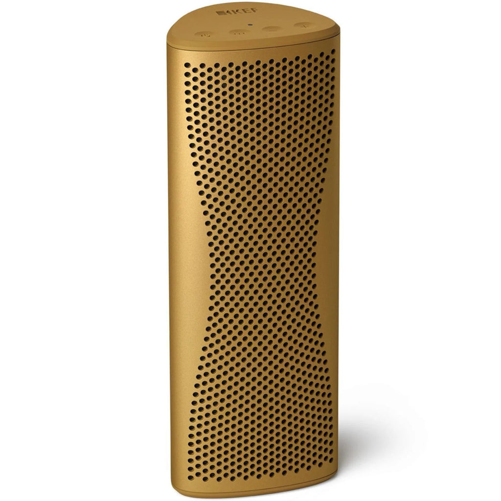 KEF Muo portable speaker in Amber Haze color, front and top view showcasing sleek design and compact size.