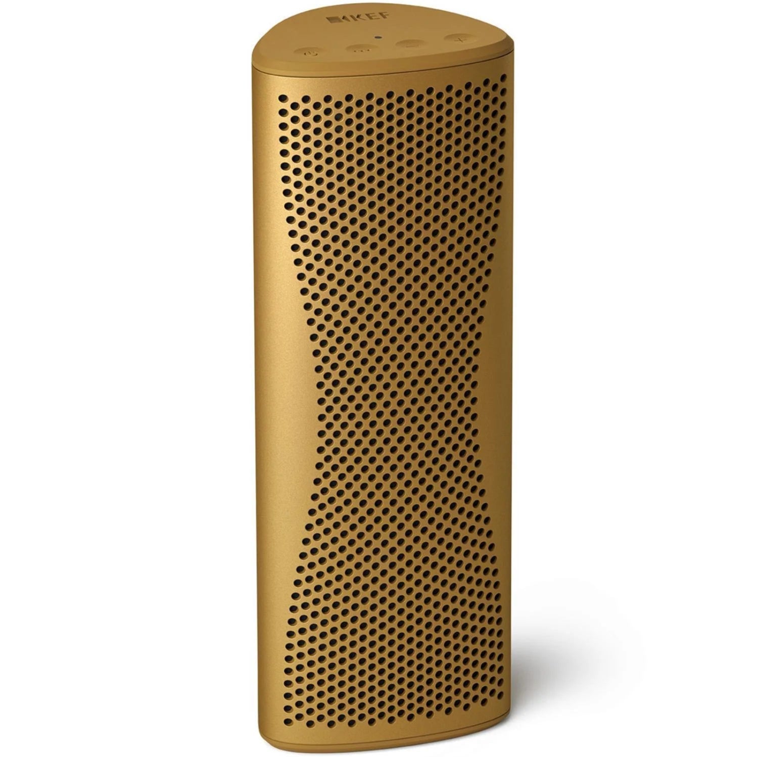 KEF Muo portable speaker in Amber Haze color, front and top view showcasing sleek design and compact size.