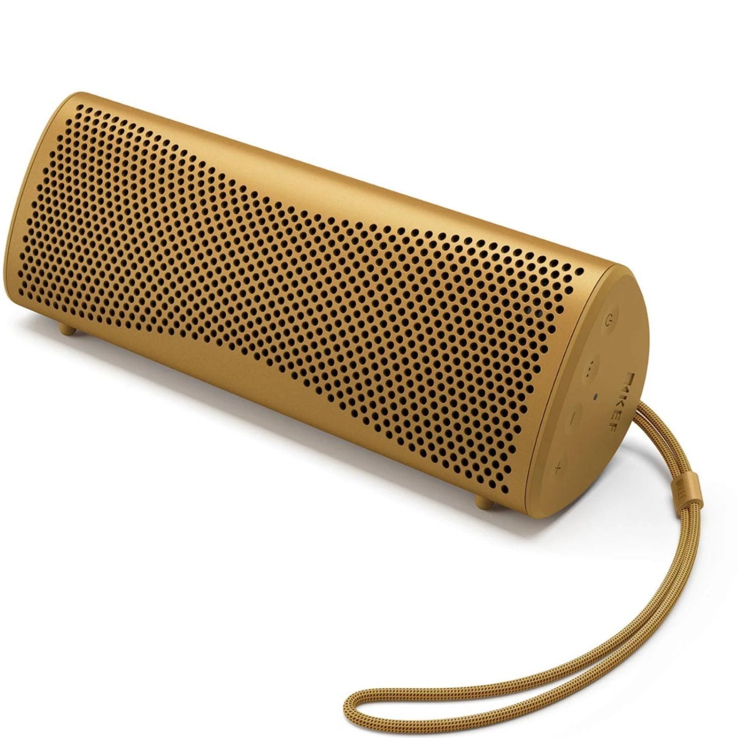 KEF Muo portable speaker in amber haze color, compact design with fabric grille and control buttons on the top.