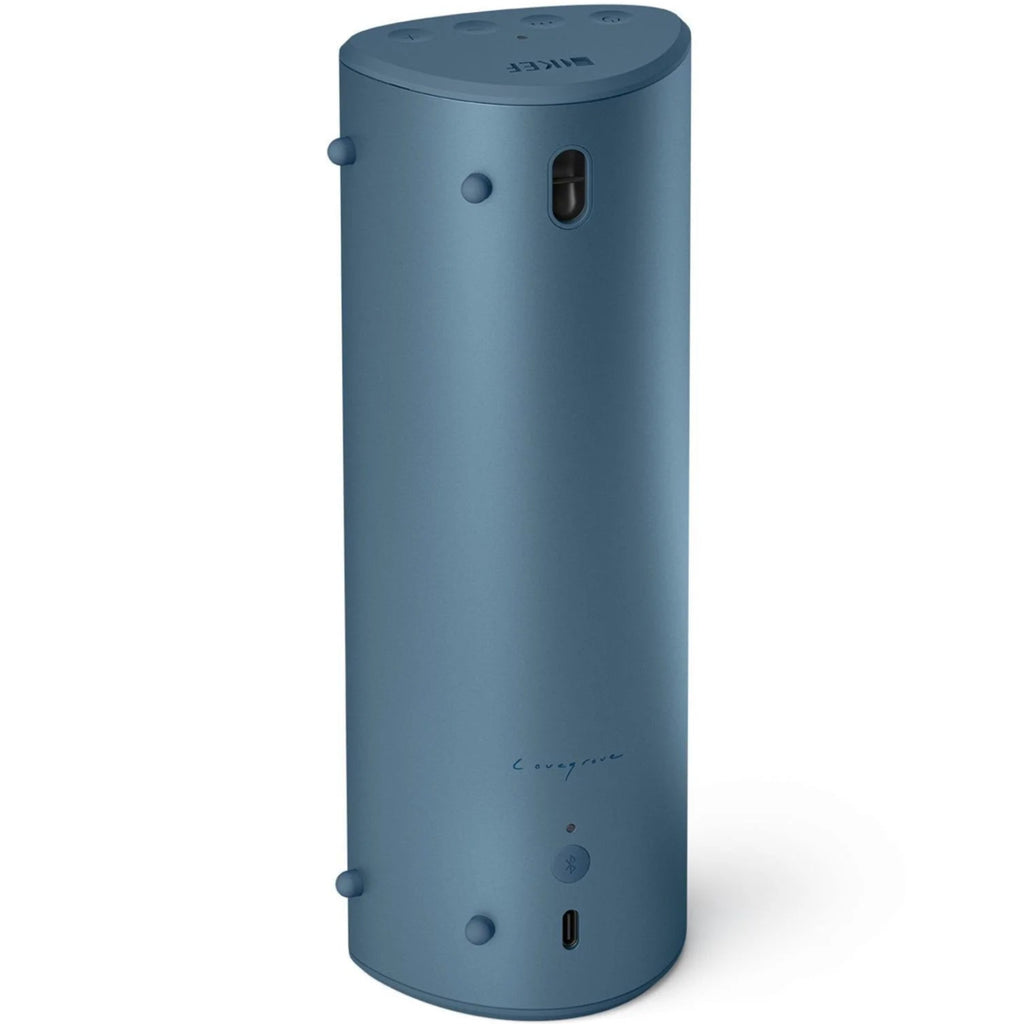 Blue KEF Muo portable speaker with sleek design and back view, showcasing its modern aesthetic and compact form.