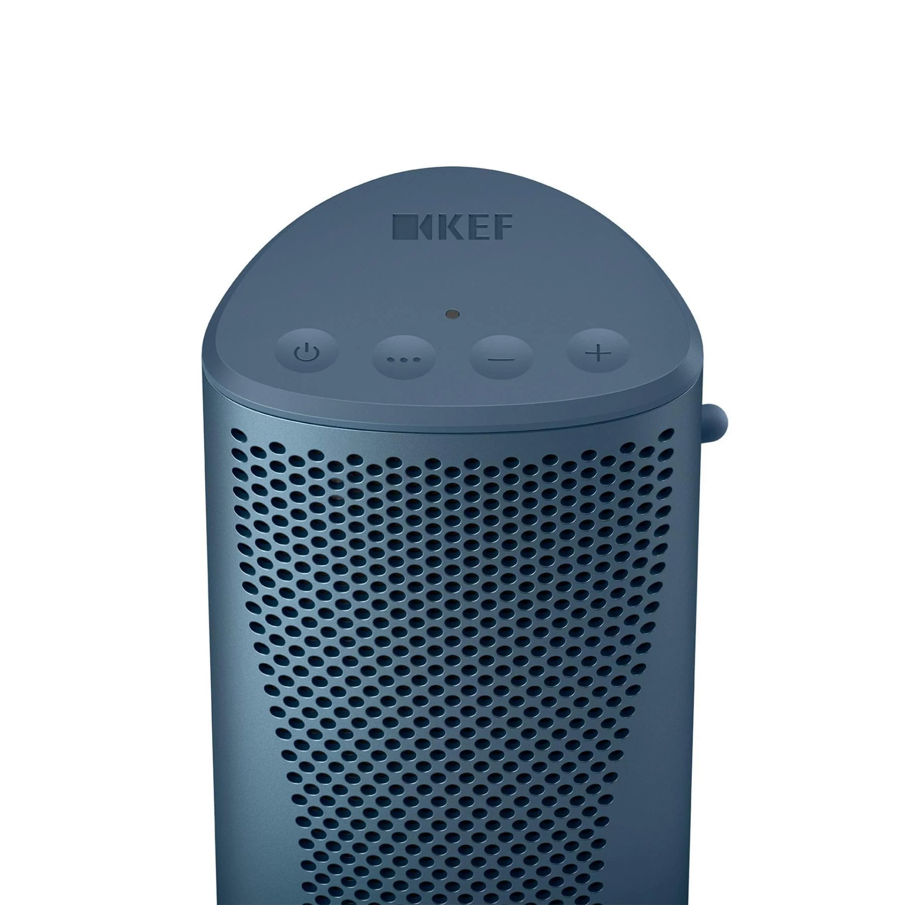 Blue KEF Muo portable speaker with touch controls on top, showcasing its sleek design and compact size.