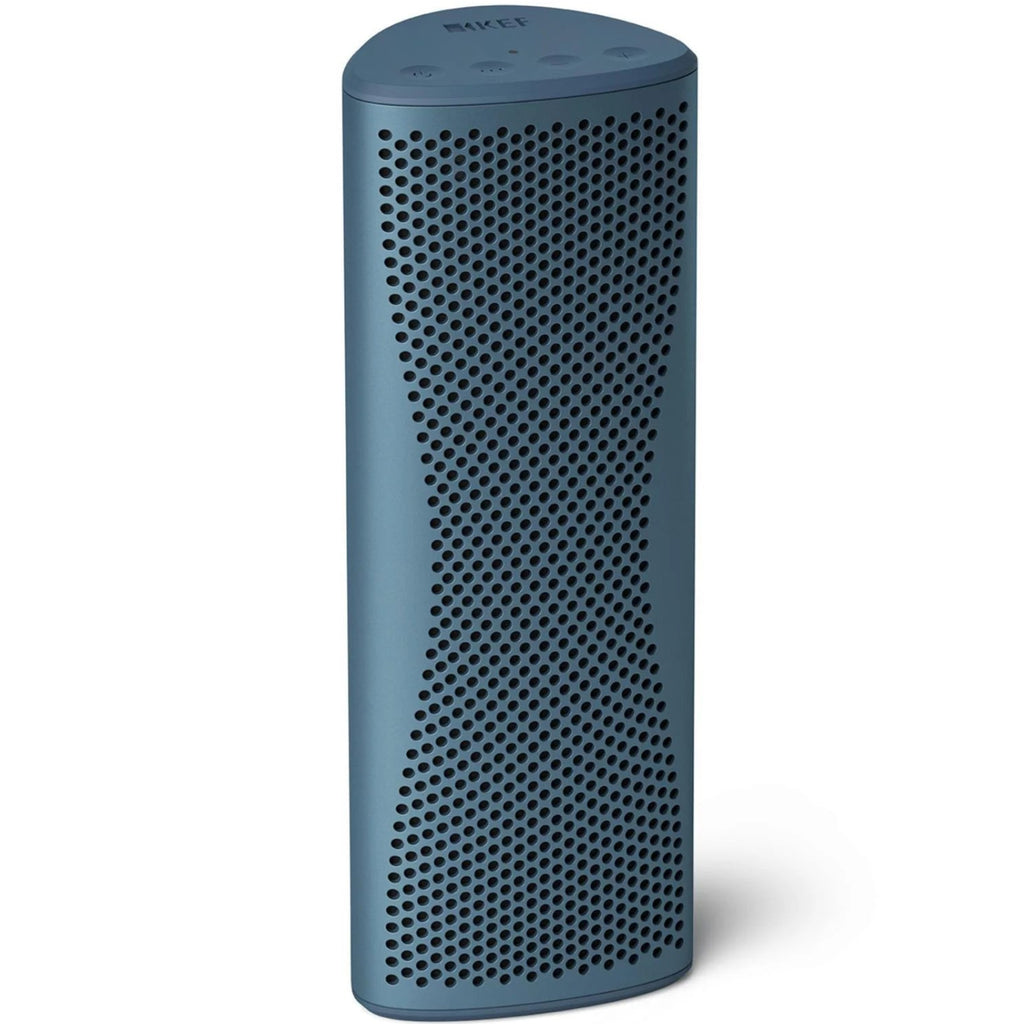 Blue KEF Muo portable speaker with a sleek, rounded design and touch controls, shown from the top front angle.