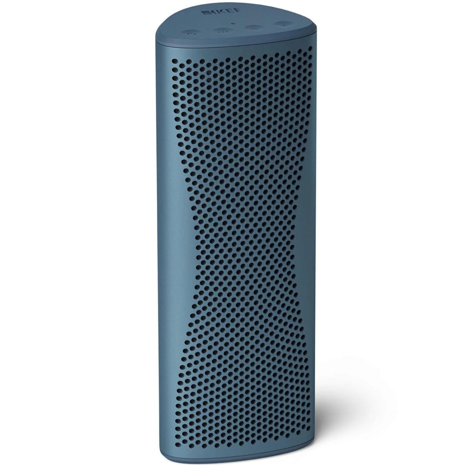 Blue KEF Muo portable speaker with a sleek, rounded design and touch controls, shown from the top front angle.