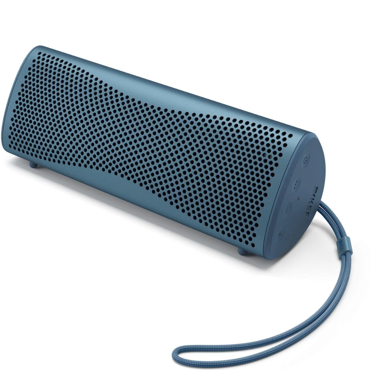 Blue KEF Muo portable speaker with a sleek design and fabric grille, showcasing its compact and modern appearance.